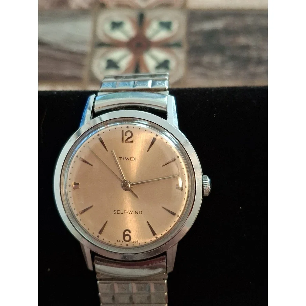 Timex Viscount 4014 3166 Self Winding Mens Watch. Silvertone Stretch Band, 36mm.